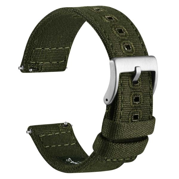 WOCCI 20mm Watch Band, Canvas Fabric, Quick Release, Replacement Strap, Silver Buckle (Army Green)