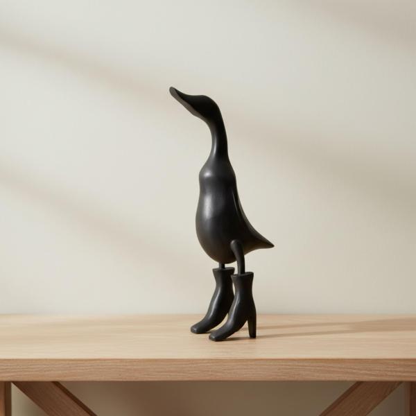 Bamboo Duck Figurine Sculpture - Playful Decorative Statue for Boho Room Decor - Shelf, Tabletop, Or Entryway Display - Whimsical Rainboots Design Acc