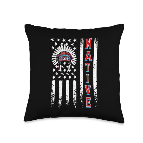 Native American Indian Headdress America Flag Men Women Kids Throw Pillow