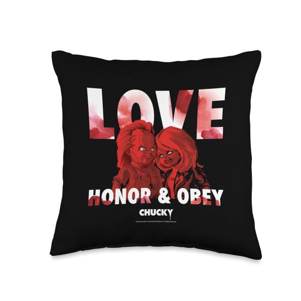 Chucky ＆ Tiffany Blood Stained Love Honor Obey Throw Pillow