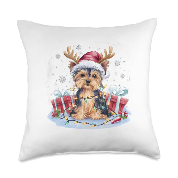Funny Santa Yorkie Dog Reindeer Christmas Lights Dog Lover Throw Pillow