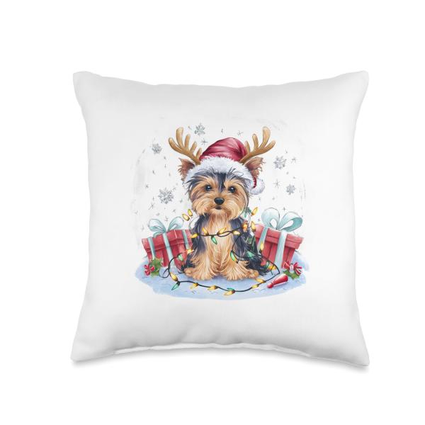 Funny Santa Yorkie Dog Reindeer Christmas Lights Dog Lover Throw Pillow