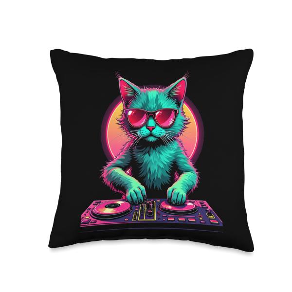 DJ Cat Vibrant Throw Pillow