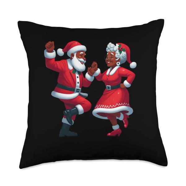 Christmas Dancing Black African American Santa Mrs Claus Throw Pillow