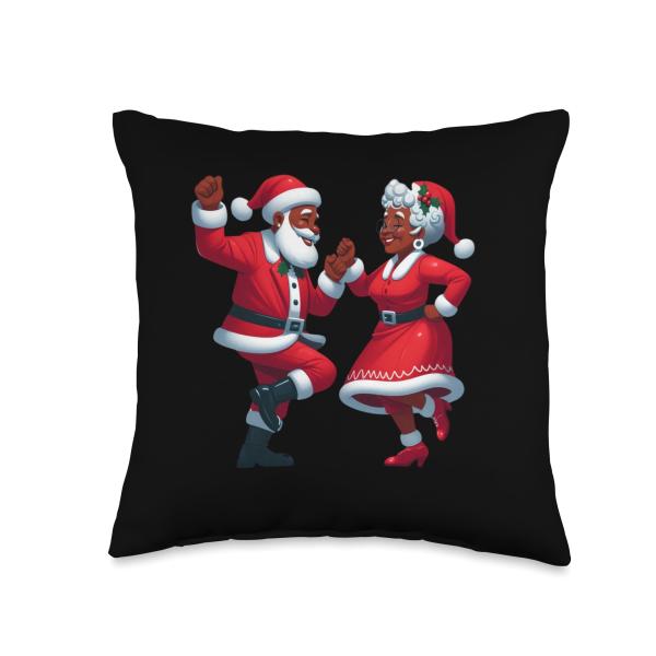 Christmas Dancing Black African American Santa Mrs Claus Throw Pillow