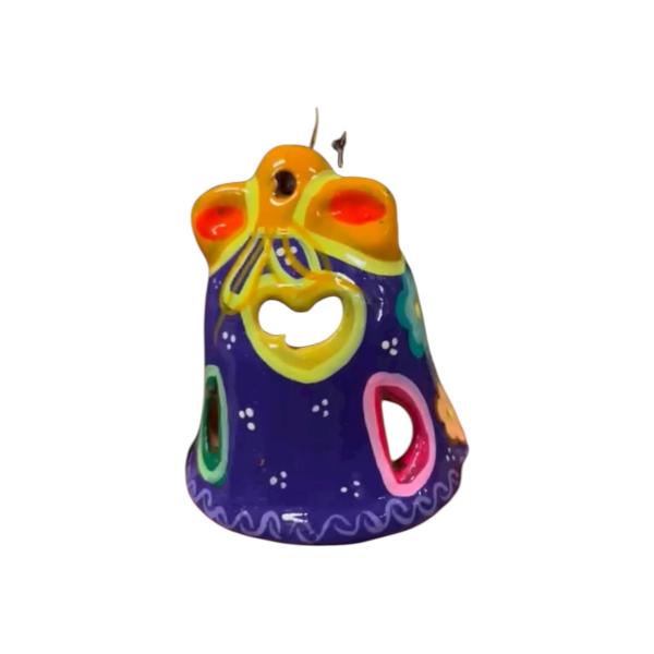 Set of 4 Mexican Pottery Christmas Bell Ornaments - Handcrafted Guerrero Ceramic Holiday Decor with Cutouts