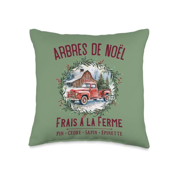 French Christmas Tree Farm Arbres de No〓l Red Lettering Throw Pillow