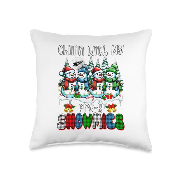 Chillin With My Pre-K Snowmies Xmas Snowmen Team Teacher Throw Pillow