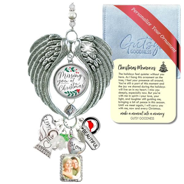 Memorial Christmas Holiday Ornament Angel Wings Personalized with Picture Photo Frame Missing You at Christmas Glass Pendant, Customize Family Friend