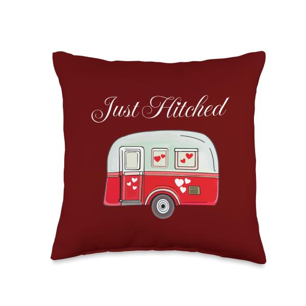 Just Hitched Camping Honeymoon His Hers Matching Pajama Top Throw Pillow