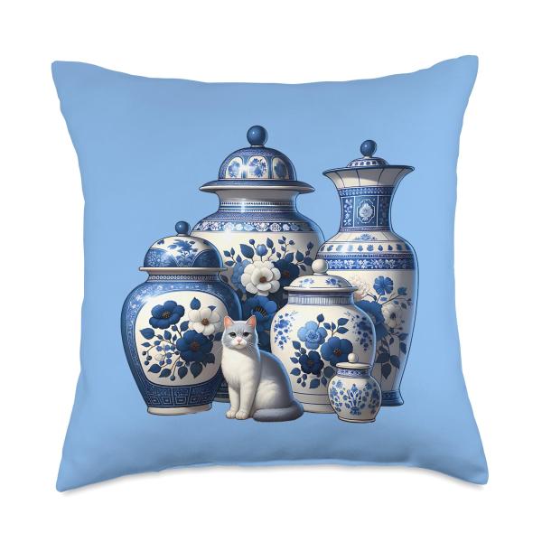 Chinoiserie Ginger Jars Blue White Florals and Cats Whimsy Throw Pillow