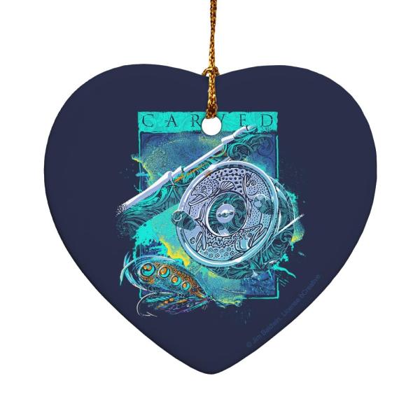 Carved Fly Fishing Trout Rod Reel Heart-Shaped Porcelain Holiday, 2.8"