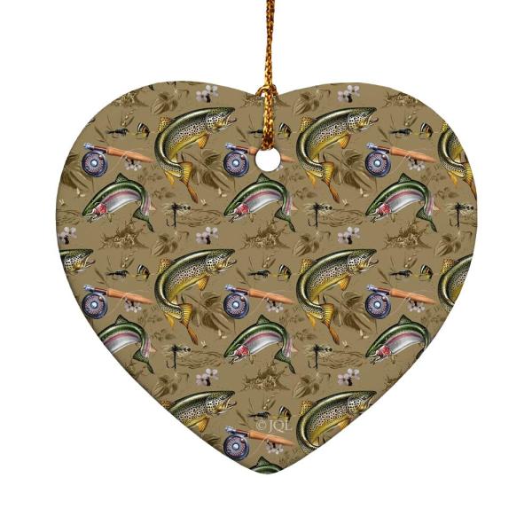 Trout Stream Fish Fly Fishing Rod Reel Heart-Shaped Porcelain Holiday, 2.8"