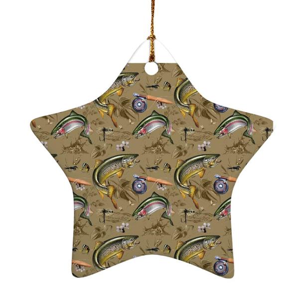 Trout Stream Fish Fly Fishing Rod Reel Star-Shaped Porcelain Holiday, 3.1"