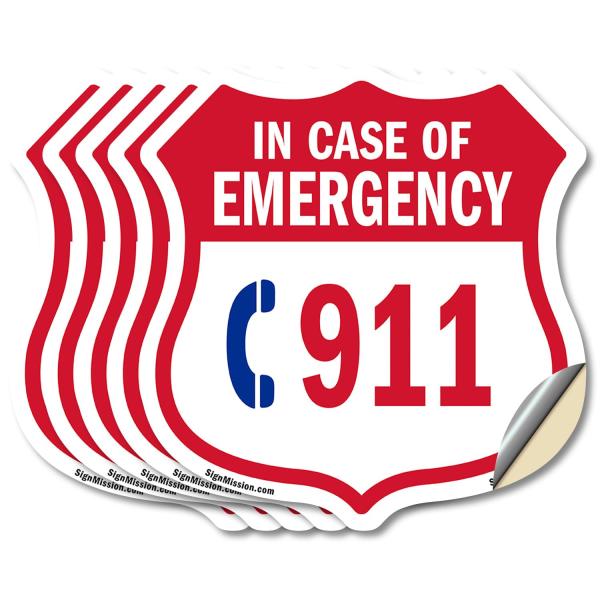 Emergency 911 Phone Shield Sign In Case Of Emergency Call 911 (5 Pack) 6 inch X 6 inch Shield Shaped Heavy Duty 3.2 mil Vinyl Decals Weather Resistant