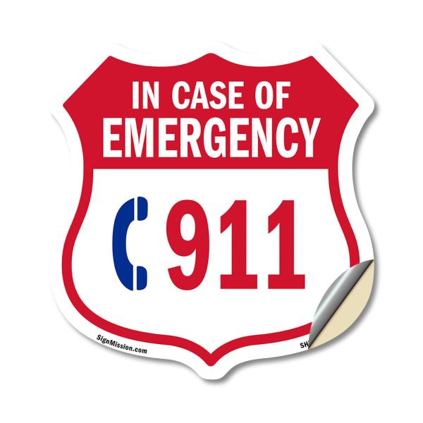 Emergency 911 Phone Shield Sign In Case Of Emergency Call 911 18 inch X 18 inch Shield Shaped Heavy Duty 3.2 mil Vinyl Decal Weather Resistant, UV Pro
