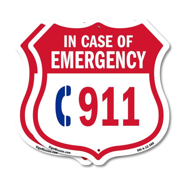 Emergency 911 Phone Shield Sign In Case Of Emergency Call 911 (2 Pack) 12 inch X 12 inch Shield-Shaped Rust-Free Aluminum Metal Signs Weather Resistan