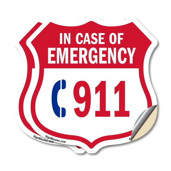 Emergency 911 Phone Shield Sign In Case Of Emergency Call 911 (2 Pack) 6 inch X 6 inch Shield Shaped Heavy Duty 3.2 mil Vinyl Decals Weather Resistant