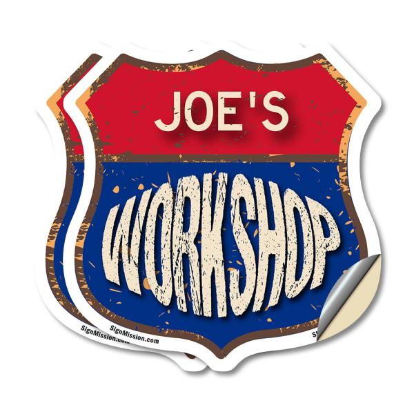 Joe's Workshop (2 Pack) 4 inch X 4 inch Shield Shaped Heavy Duty 3.2 mil Vinyl Decals Weather Resistant, UV Protected To last, Gift for Dads and Uncle