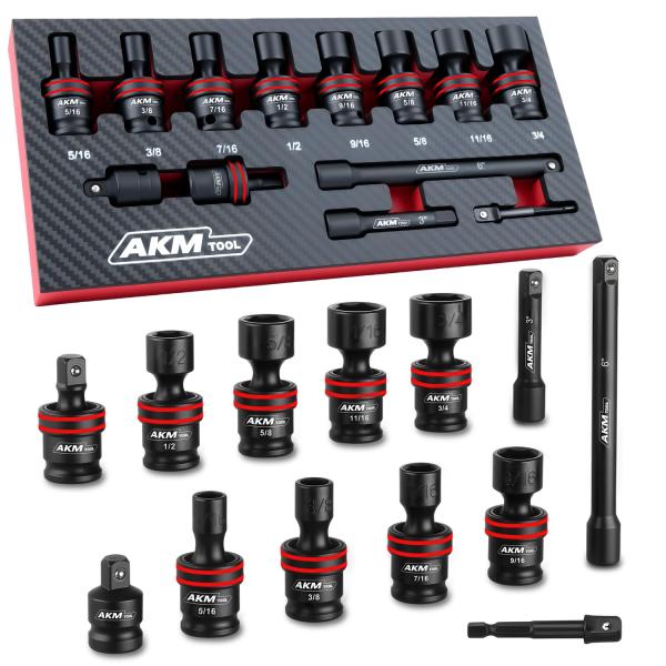 AKM TOOL 3/8インチ ドライブ ユニバーサル インパクトソケットセット 13ピース スイベルソケットセット ユニバーサルジョイントソケット 6ポイント SAE Cr-Mo