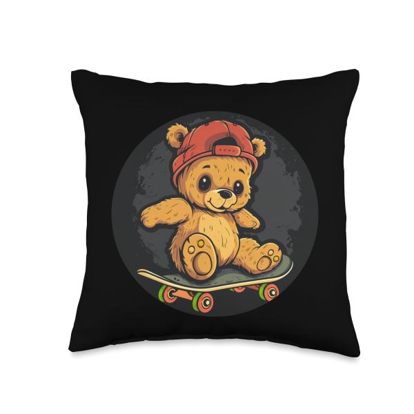 Funny looking Teddy bear with street skateboard Throw Pillow