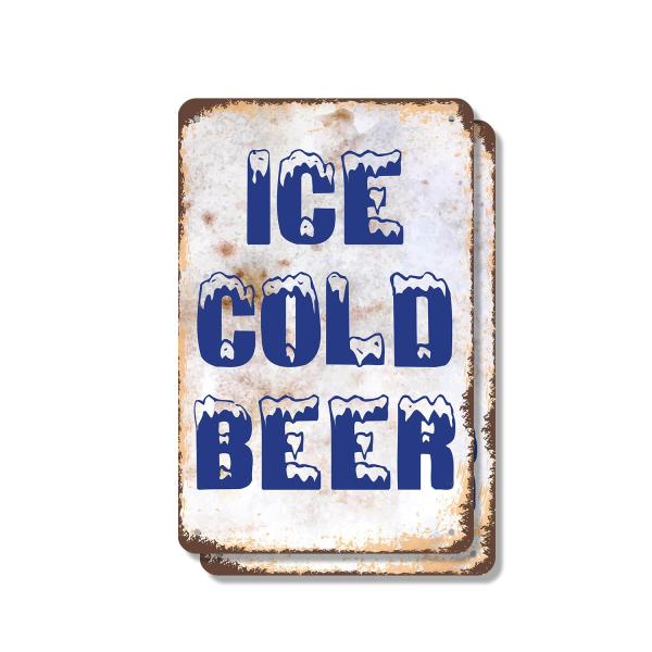 Ice Cold Beer (2 Pack) 7 Inch x 10 Inch Metal Sign Novelty Aluminum Durable Weatherproof UV Protected Perfect for Bars Man Caves Fun Gift for Beer Lov