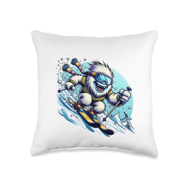 Snow Yeti Skiing Adventure Throw Pillow