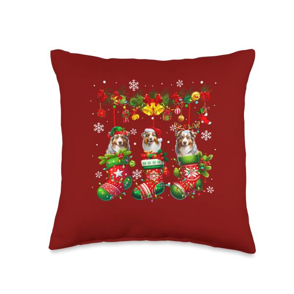 Three Santa Elf Australian Shepherds Inside Xmas Socks Owner Throw Pillow