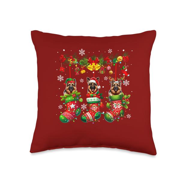 Three Santa Elf German Shepherds Inside Xmas Socks Owner Throw Pillow