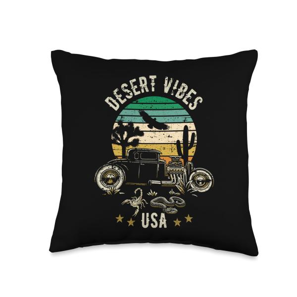 Desert Vibes USA Hotrod Retro Southwest Vintage Style Design Throw Pillow