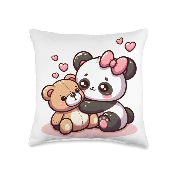 Adorable Panda and Teddy Bear Hugs Kawaii Style Throw Pillow