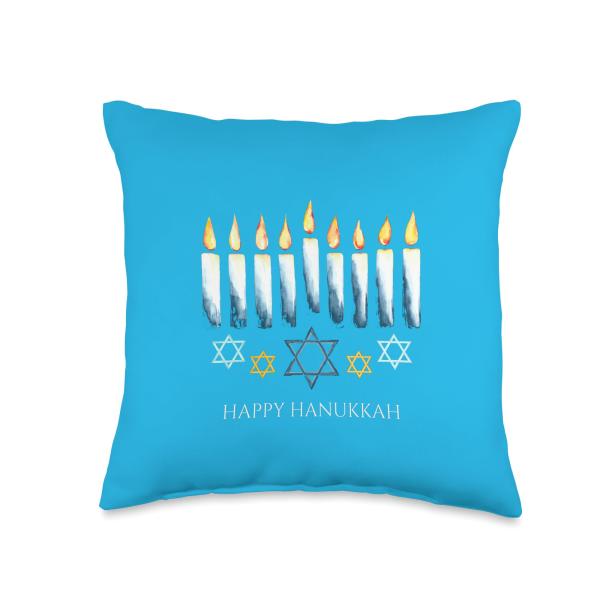 Happy Hanukkah - Hanukkah Menorah Lights - Star of David Throw Pillow