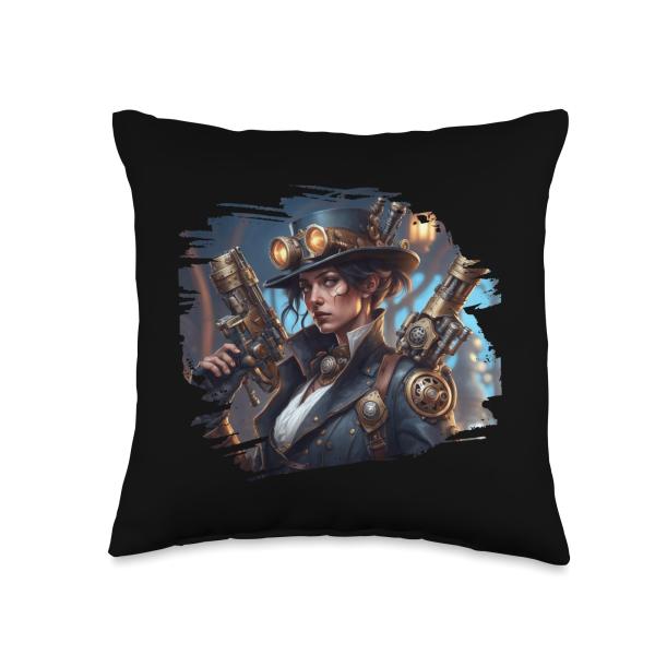 Victorian Steam Punk Assassin And Steampunk World Aesthetic Throw Pillow