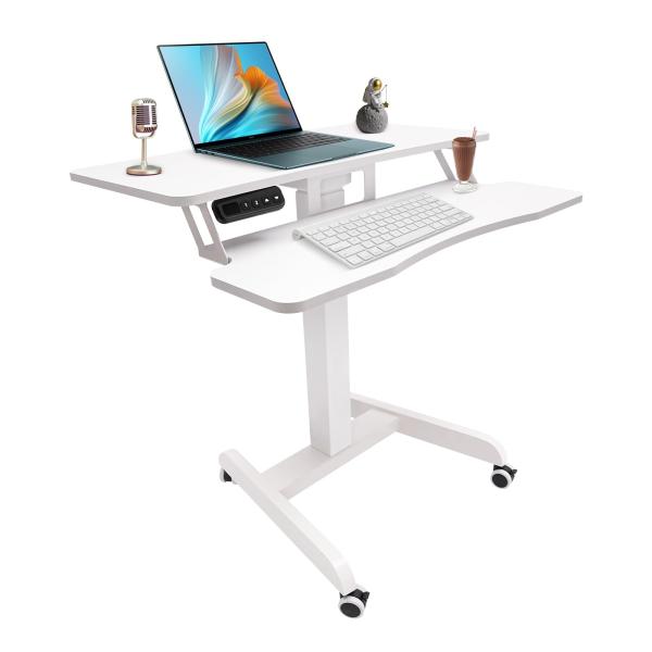 QIUTMER Electric Mobile Standing Desk, Rolling Electric Podium Desk, Height Adjustable, Laptop Sit or Stand Desk on Wheels, Keyboard Tray, Compact Des