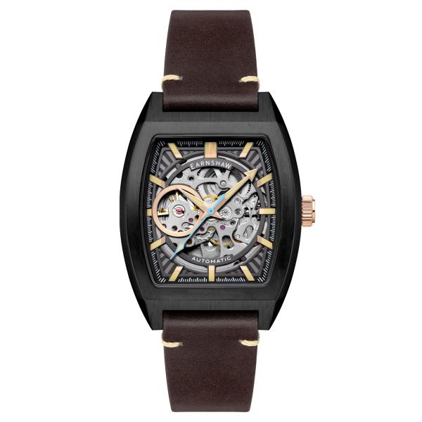Thomas Earnshaw Men's 40mm Heritage Wellington Skeleton Automatic Sable Black Watch with Leather Strap ES-8302-03