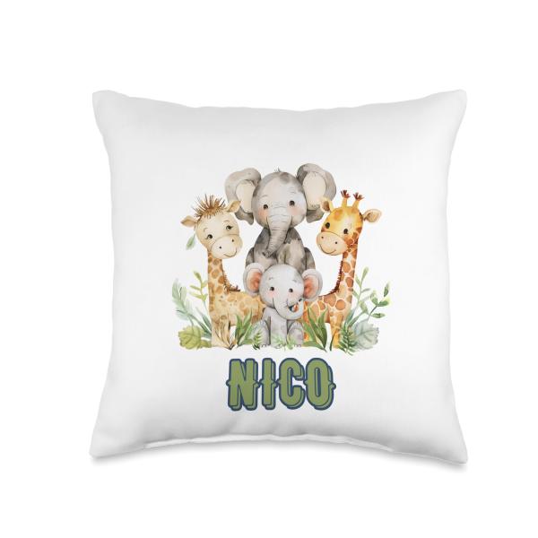 NICO First Name Safari Nursery Theme Elephant Giraffe Cute Throw Pillow