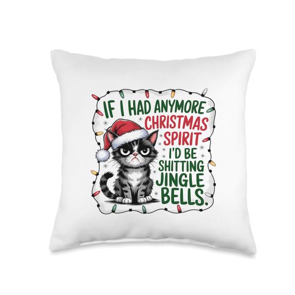 Grouchy Cat Funny Christmas Spirit Humor Anti-Holiday Throw Pillow