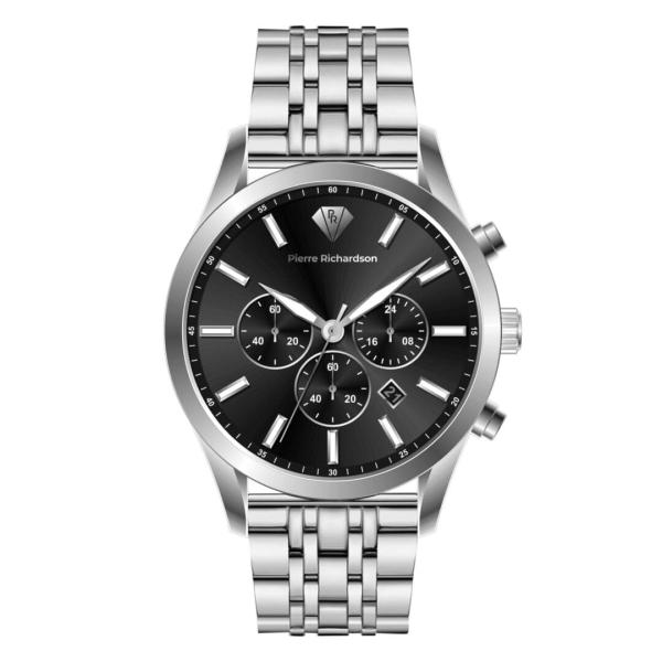 PIERRE RICHARDSON PR2321 Men's Luxury Watch - Silver Stainless Steel Japanese Quartz, 44mm, 5ATM Water Resistant, Scratch-Resistant Sapphire Crtystal