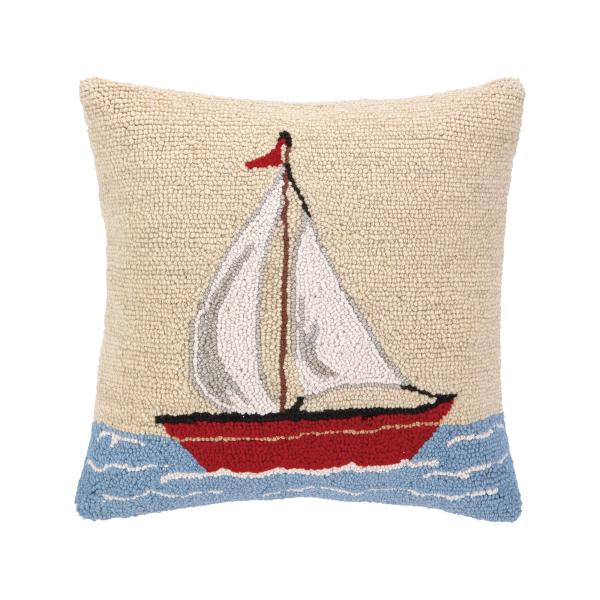 Sailboat Wool Hook Pillow for Lake or Beach House by The Pillow Shoppe, 16" Square