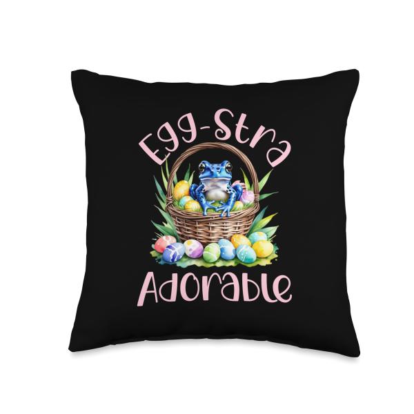 Egg-stra Adorable Cute Blue Dart Frog in Easter Egg Basket Throw Pillow