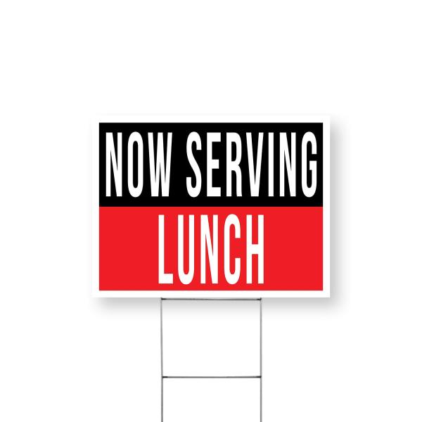 Now Serving Lunch Yard Sign 18 Inch x 24 Inch Single Sided Weatherproof Heavy-Duty Plastic with Stake | Restaurant Promotions, Freshly Made Meals, Mid