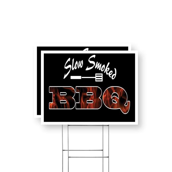 Slow Smoked BBQ Yard Sign 2 Pack of 18 Inch x 24 Inch Double Sided Weatherproof Heavy-Duty Plastic with Stake | Delicious Meals, Restaurant Promotions