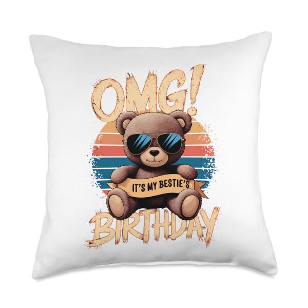 OMG It's My Bestie Birthday Gifts Retro Funny Teddy Bear BFF Throw Pillow