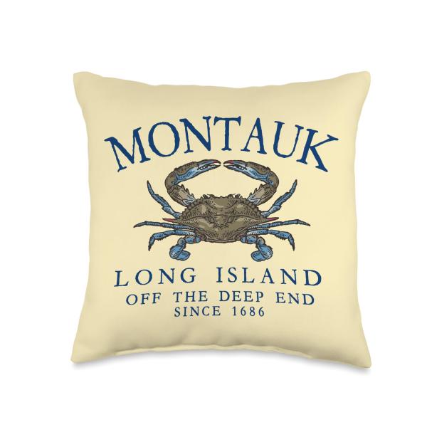 Montauk LI Off The Deep End Since 1686 Blue Crab Navy Blue Throw Pillow