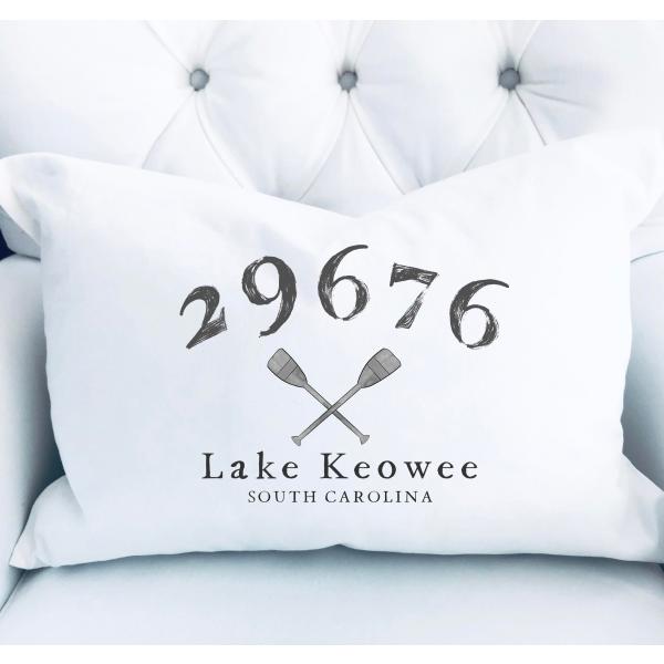 WESTBROOK DESIGN STUDIO Lake or Mountain Home Zip Code Throw Pillow. 20x14 Lumbar Personalized Cover ＆ Insert. Gray, White with Boat Oars.