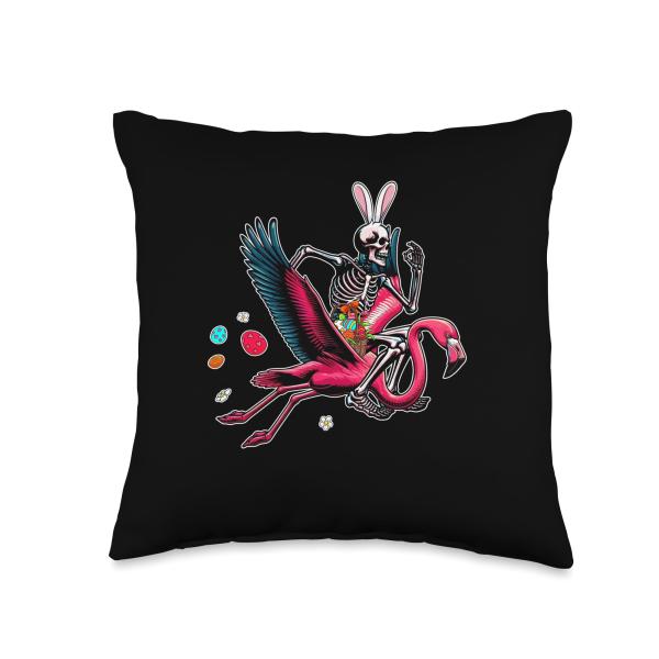 Bunny Skeleton Riding Flamingo Easter Eggs Basket Colorful Throw Pillow