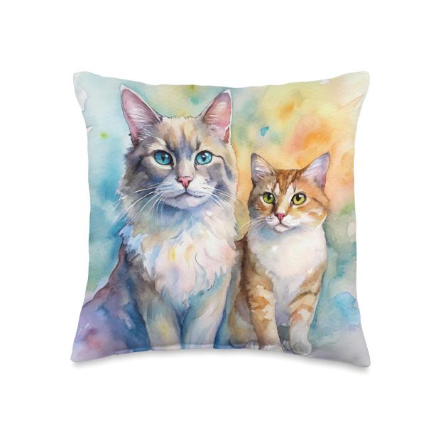 Cat Lover Watercolor Art Cute Cats Throw Pillow