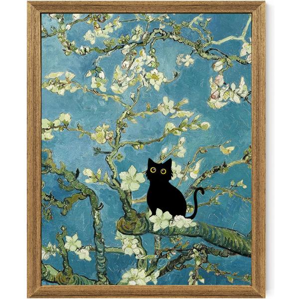 ファンタジーアーティスト ゴッホのアーモンドブロッサム 面白い 黒猫 キャンバスウォールアート、油絵ポスター ホームデコレーション、ヴィンテージ抽象美的壁