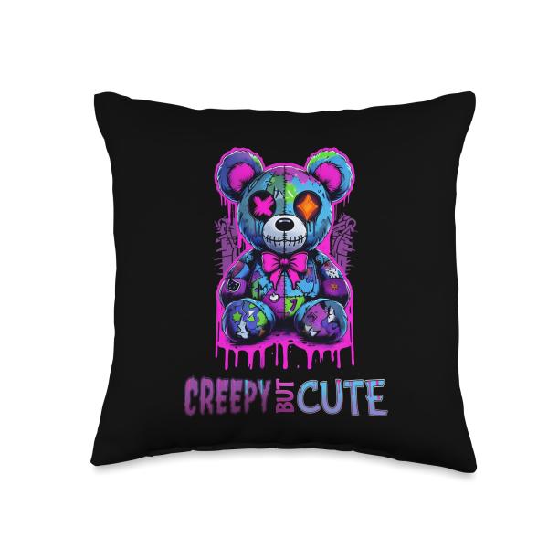 Creepy But Cute Patchwork Teddy Bear Emo Gothic Horror Throw Pillow
