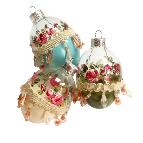Elegant Artist Hand Painted Pink Roses Victorian Hanging Clear Glass Easter Egg Ornaments Set of Three with Crystal Rhinestones Fabric Trim and Dangli